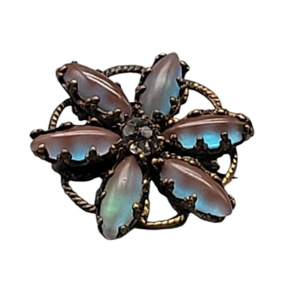 Victorian Saphiret Paste Flower Brooch Rare Czech Glass Antique Gold Tone - Picture 4 of 7